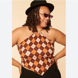 EARTHBOUND Brown and White Plaid Halter Top